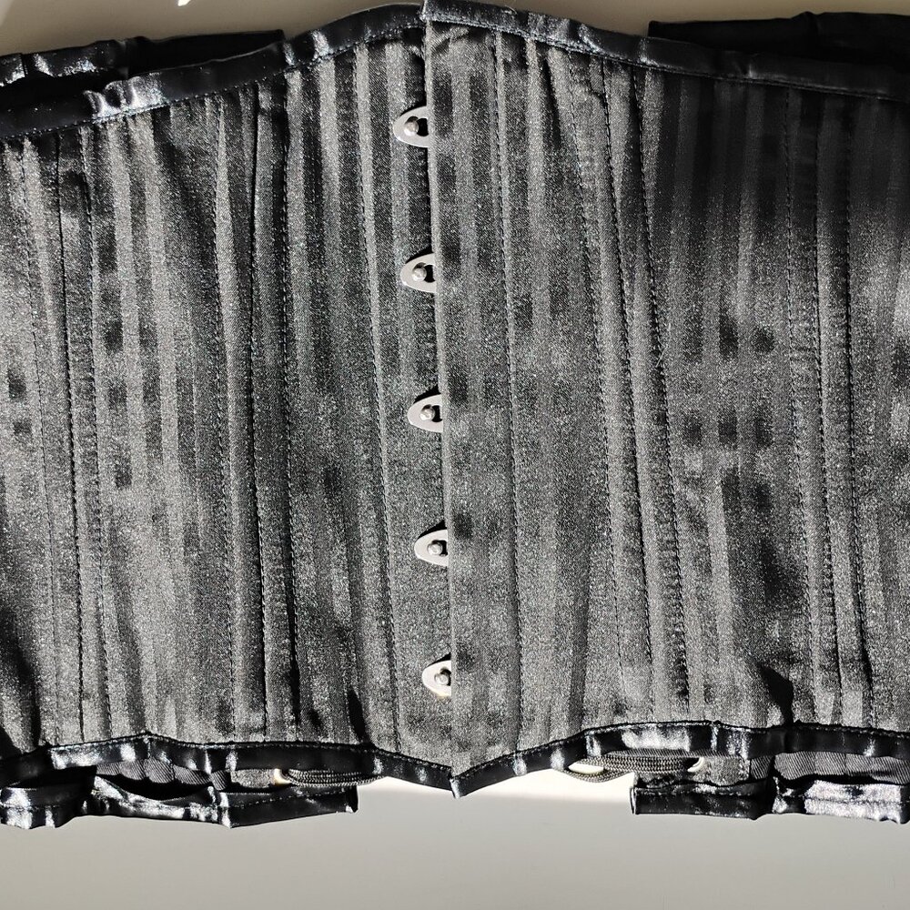 Tonal stripe black cotton corset with metal boning and modesty panel.